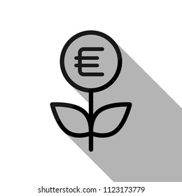 Money flower with dollar. Money tree. Linear icon with thin outline. Black object with long shadow on white background