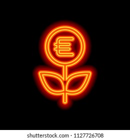Money flower with dollar. Money tree. Linear icon with thin outline. Orange neon style on black background. Light icon