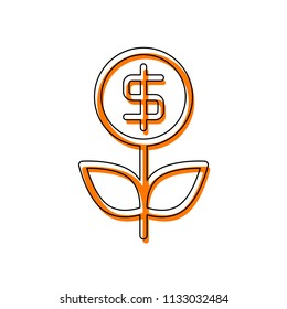 Money flower with dollar. Money tree. Linear icon with thin outline. Isolated icon consisting of black thin contour and orange moved filling on different layers. White background