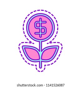 Money flower with dollar. Money tree. Linear icon with thin outline. Colored sketch with dotted border on white background