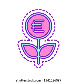 Money flower with dollar. Money tree. Linear icon with thin outline. Colored sketch with dotted border on white background