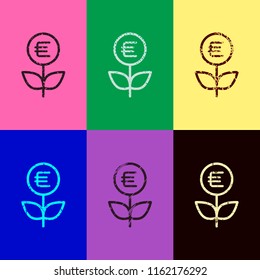 Money flower with dollar. Money tree. Linear icon with thin outline. Pop art style. Scratched icons on 6 colour backgrounds. 