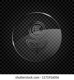 Money flower with dollar. Money tree. Linear icon with thin outline. Icon in circle glass bubble on dark transparent grid. Glass style