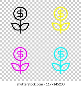 Money flower with dollar. Money tree. Linear icon with thin outline. Colored set of cmyk icons on transparent background