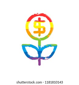 Money flower with dollar. Money tree. Linear icon with thin outline. Drawing sign with LGBT style, seven colors of rainbow (red, orange, yellow, green, blue, indigo, violet