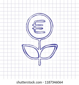 Money flower with dollar. Money tree. Linear icon with thin outline. Hand drawn picture on paper sheet. Blue ink, outline sketch style. Doodle on checkered background