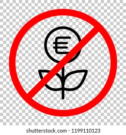 Money flower with dollar. Money tree. Linear icon with thin outline. Not allowed, black object in red warning sign with transparent background
