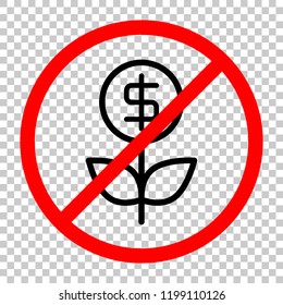 Money flower with dollar. Money tree. Linear icon with thin outline. Not allowed, black object in red warning sign with transparent background