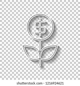 Money flower with dollar. Money tree. Linear icon with thin outline. White outline sign with shadow on transparent background