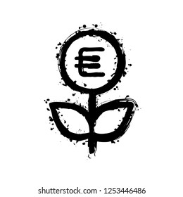 Money flower with dollar. Money tree. Linear icon with thin outline. Black ink with splashes on white background
