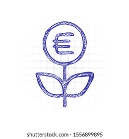 Money flower with dollar. Money tree. Linear icon with thin outline. Hand drawn sketched picture with scribble fill. Blue ink. Doodle on white background