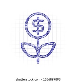 Money flower with dollar. Money tree. Linear icon with thin outline. Hand drawn sketched picture with scribble fill. Blue ink. Doodle on white background