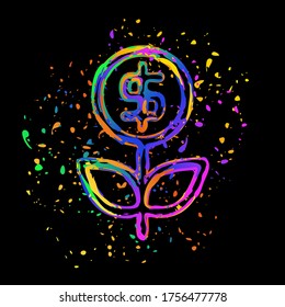 Flor de dinero con dólar. Árbol de dinero. Icono lineal con contorno fino. Tinta coloreada con salpicaduras en fondo negro
