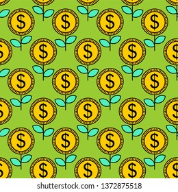 Money flower pattern seamless. Dollar sprout background. Grow wealth. Coin Field texture