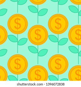 Money flower pattern seamless. Dollar sprout background. Grow wealth. Coin Field texture