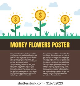 Money flowers (coins) vector illustration with place for your text. Template. Modern flat minimalistic style.