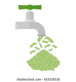 Money flows from tap. Lot of money, mountain of paper dollars. Flat vector cartoon illustration. Objects isolated on a white background.