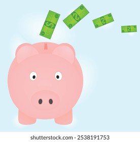 Money fly to piggybank. vector illustration