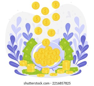 Money is flying from above in piggy bank on background of gold coins, banknotes and plants. Flat cartoon style. The concept of profit, successful business and investment. Vector graphics.