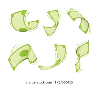 Money is flying in the air in various poses and turns, a vector illustration on the theme of finance, winnings, bankruptcy, cashback and economics.