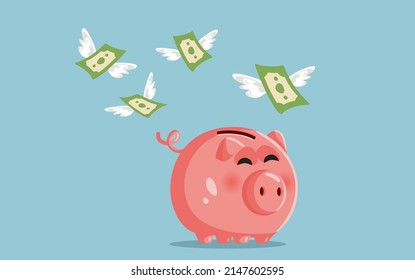 
Money Flying Away from a Piggy Bank During Inflation Vector Cartoon Illustration. Currency devaluation and overspending causing bankruptcy and fail
