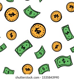 Money flying. Dollar bills and coins seamless pattern. Hand drawn cash texture.