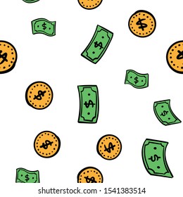 Money flying. Dollar bills and coins seamless pattern. Hand drawn cash texture.