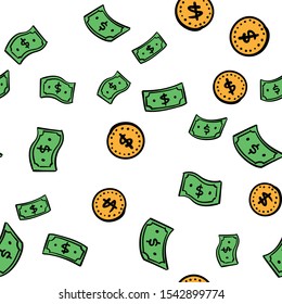 Money flying. Dollar bills and coins seamless pattern. Hand drawn cash texture.