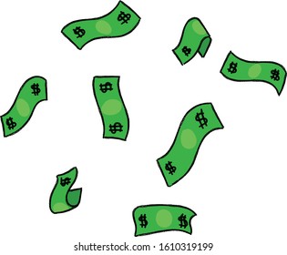 money flying, hand drawn vector illustration with crayon texture. isolated. American dollar falling set, USD paper notes flying in the air.