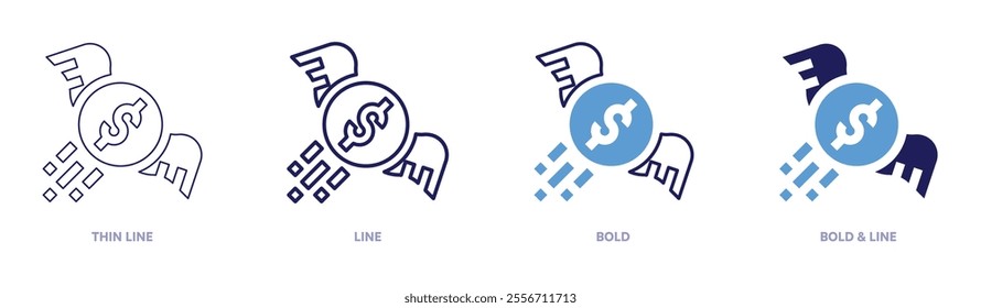 Money flying icon in 4 different styles. Thin Line, Line, Bold, and Bold Line. Duotone style. Editable stroke.