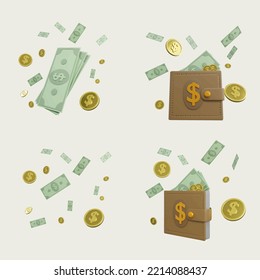 Money Flying Icon Set 3d Render