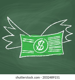 Money flying like a bird Icon design, white chalk. Draw a picture on the blackboard.