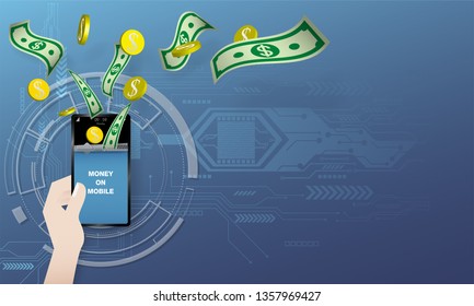 money flying to mobile in hand on blue background and circuit. - Shutterstock ID 1357969427