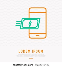 Money flying on phone thin line icon. modern vector illustration of online transaction.