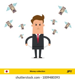 Money flying out of businessman pocket. Yen banknote. Business concept vector illustration.
