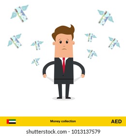 Money flying out of businessman pocket. Dirham banknote. Business concept vector illustration.