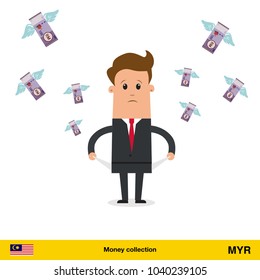 Money flying out of businessman pocket.  Ringgit banknote. Business concept vector illustration.