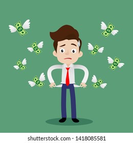 Money Flying Out Of Businessman Pocket, Young Man Losing His Money, Cartoon Vector Illustration