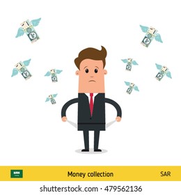 Money flying out of businessman pocket. Riyal banknote. Business concept vector illustration.