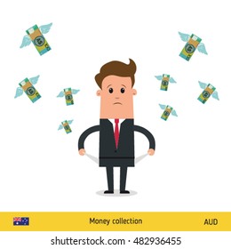 Money flying out of businessman pocket. Dollar banknote. Business concept vector illustration.
