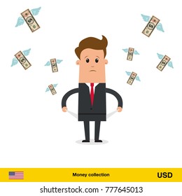 Money flying out of businessman pocket. Dollar banknote. Business concept vector illustration.