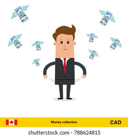 Money flying out of businessman pocket. Canadian dollar banknote. Business concept vector illustration.