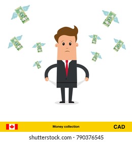 Money flying out of businessman pocket. Canadian dollar banknote. Business concept vector illustration.