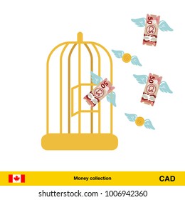 Money flying out of cage birds. Canadian dollar banknote. Business concept vector illustration.