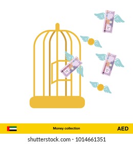 Money flying out of cage birds. Dirham banknote. Business concept vector illustration.