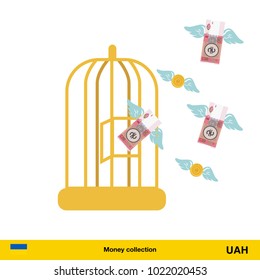 Money flying out of cage birds.  hryvnia banknote. Business concept vector illustration.