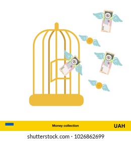 Money flying out of cage birds. Hryvnia banknote. Business concept vector illustration