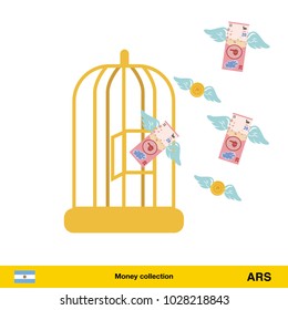 Money flying out of cage birds.  peso banknote. Business concept vector illustration.