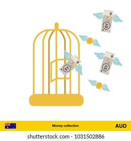 Money flying out of cage birds.  Australian dollar banknote. Business concept vector illustration.