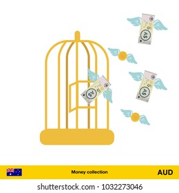 Money flying out of cage birds. Australian dollar banknote. Business concept vector illustration.